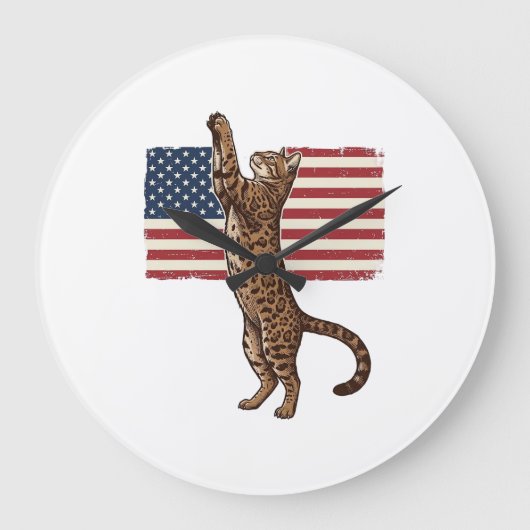 Patriotic Cat American Flag Vintage Vector Design_ ラージ壁時計 (正面)