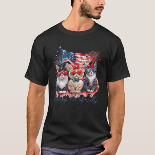 Patriotic Cats American Flag Cat Happy 4th Of July Tシャツ (正面)