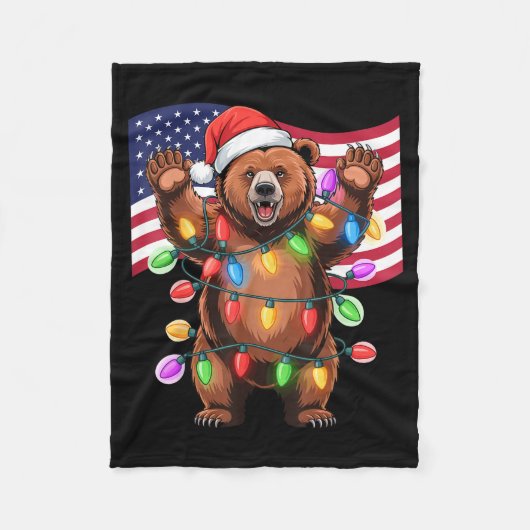 Patriotic Christmas Grizzly Bear Holiday Light San フリースブランケット (正面)