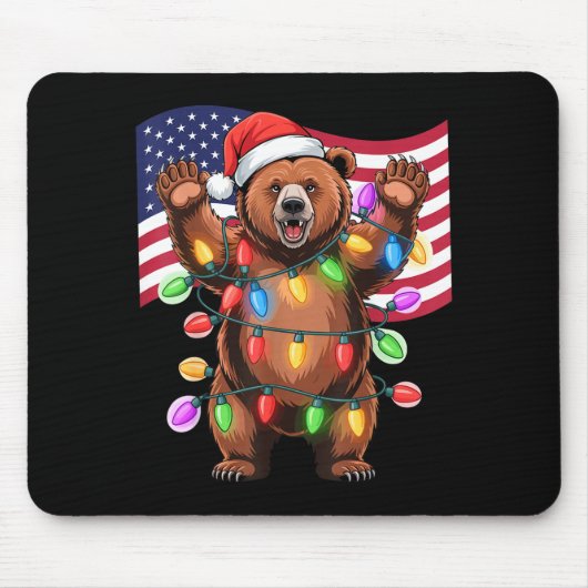 Patriotic Christmas Grizzly Bear Holiday Light San マウスパッド (正面)