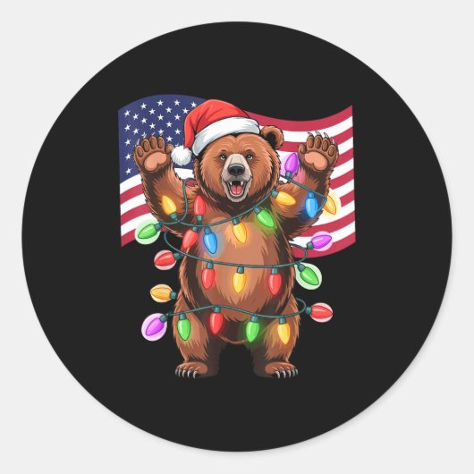 Patriotic Christmas Grizzly Bear Holiday Light San ラウンドシール (正面)