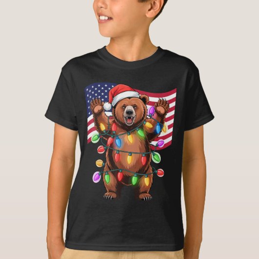 Patriotic Christmas Grizzly Bear Holiday Light San Tシャツ (正面)