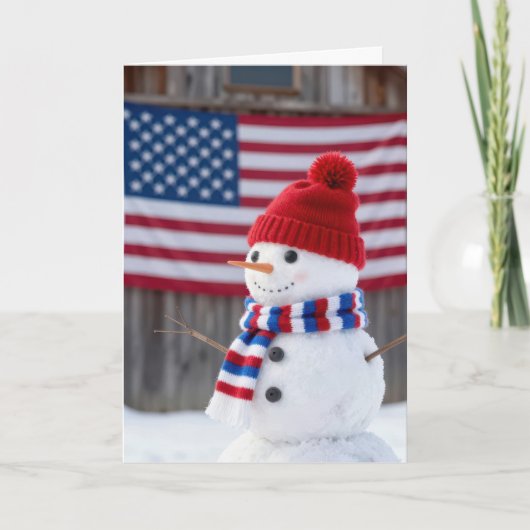 Patriotic Christmas Snowman With American Flag カード (正面)