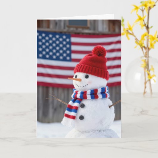 Patriotic Christmas Snowman With American Flag カード (黄色い花)
