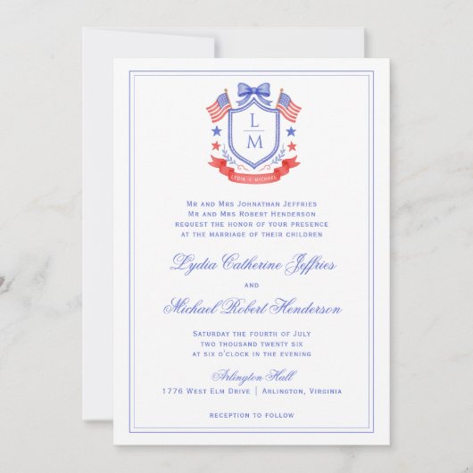 Patriotic Crest w/ US Flags | Monogram Wedding 招待状 (正面)