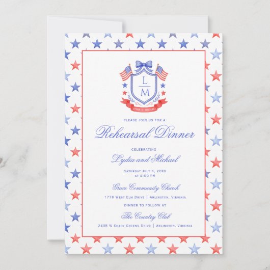 Patriotic Crest w/ US Flags | Rehearsal Dinner 招待状 (正面)
