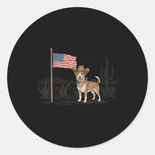 Patriotic Dog Usa 4th Of July American Flag Wester ラウンドシール (正面)