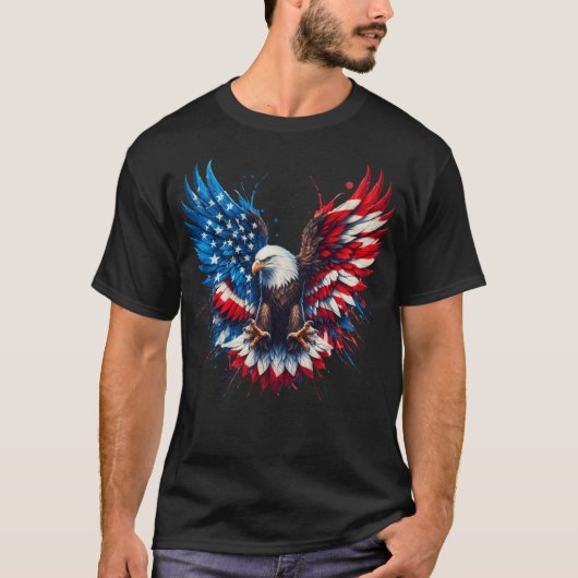 Patriotic Eagle T-Shirt on Black – American Flag W Tシャツ (正面)