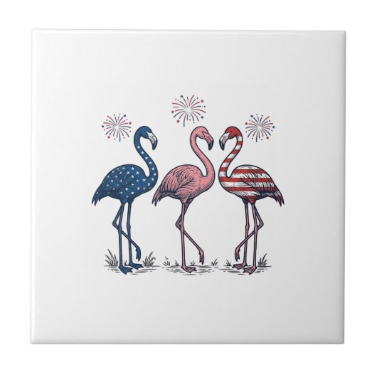Patriotic Flamingo Trio Vintage Engraving Design_1 タイル (正面)