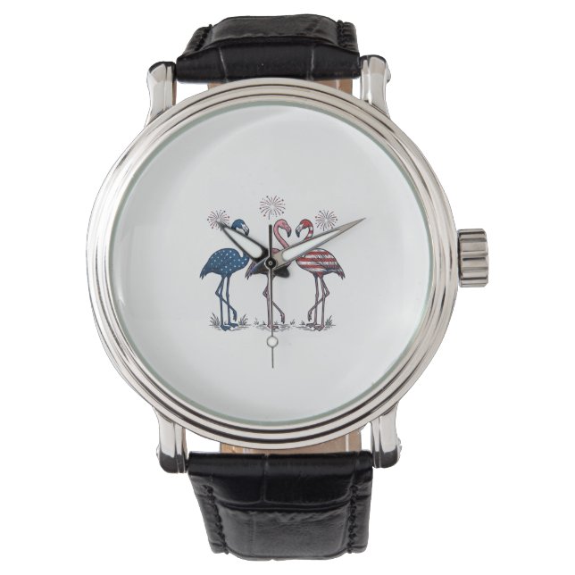 Patriotic Flamingo Trio Vintage Engraving Design_1 腕時計 (正面)