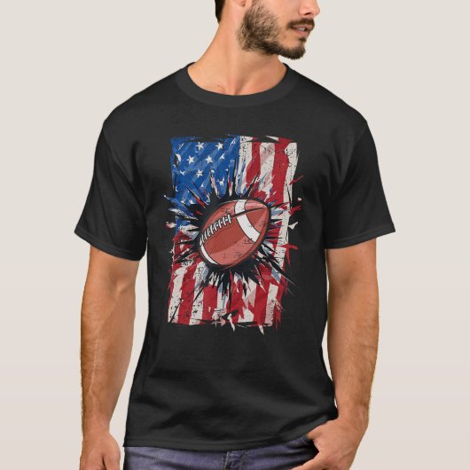 Patriotic Football 7月4日Men USA American Fl Tシャツ (正面)