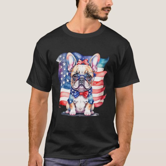 Patriotic French Bulldog Puppy American Flag 2 Tシャツ (正面)