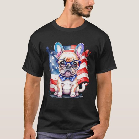 Patriotic French Bulldog Puppy American Flag Tシャツ (正面)