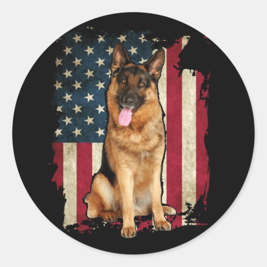 Patriotic German Shepherd American Flag Dog ラウンドシール (正面)