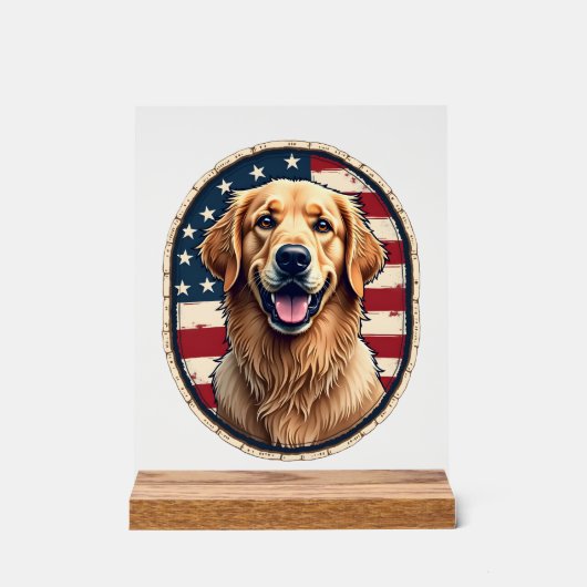 Patriotic Golden Retriever Badge Vintage Tee 4 アクリルサイン (正面)