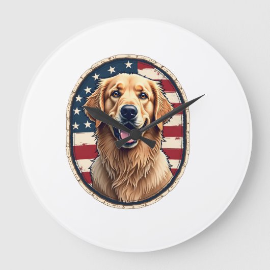 Patriotic Golden Retriever Badge Vintage Tee 4 ラージ壁時計 (正面)