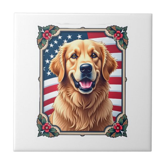 Patriotic Golden Retriever Corner Frame Shirt 3 タイル (正面)