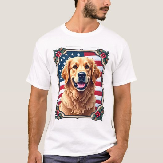 Patriotic Golden Retriever Corner Frame Shirt 3 Tシャツ (正面)