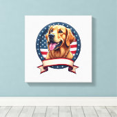 Patriotic Golden Retriever Open Ribbon Crest Shirt キャンバスプリント (インサイチュ (ウッドフロア))