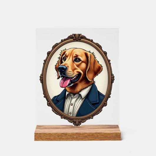 Patriotic Golden Retriever Portrait Vintage Tee アクリルサイン (正面)