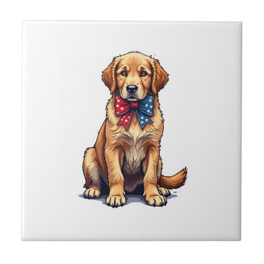 Patriotic Golden Retriever Puppy Vintage Shirt 4 タイル (正面)