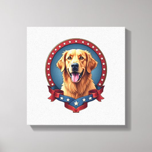 Patriotic Golden Retriever Tribute Crest Tee キャンバスプリント (正面)