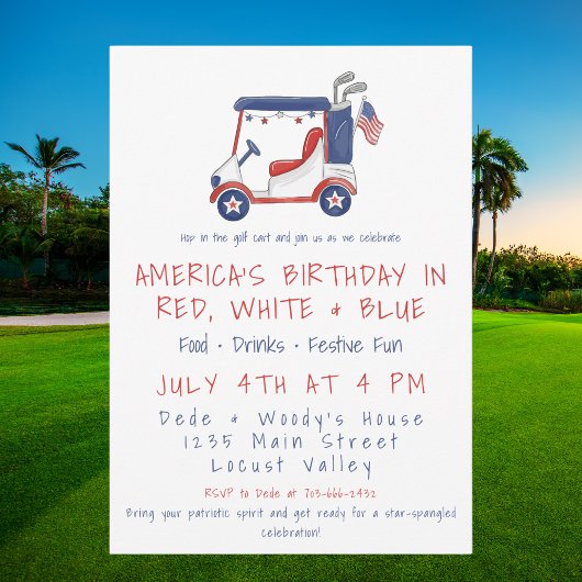 Patriotic Golf Cart Party Red White Blue July 4th 招待状