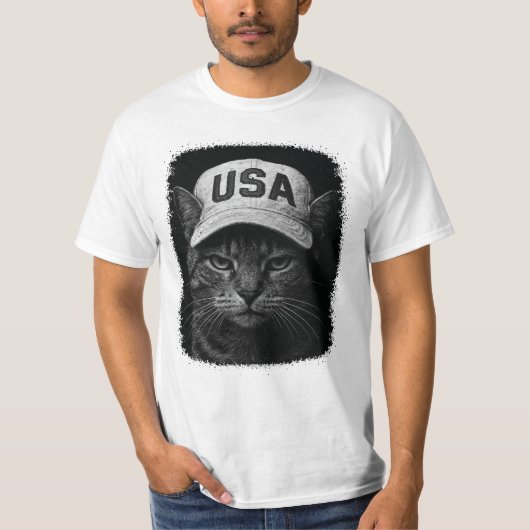Patriotic Grumpy Cat – USA Hat Black & White Tシャツ (正面)