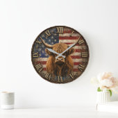 Patriotic Highland Cow American Flag Rustic ラージ壁時計 (ホーム)