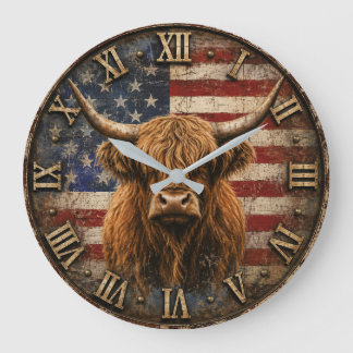 Patriotic Highland Cow American Flag Rustic  ラージ壁時計