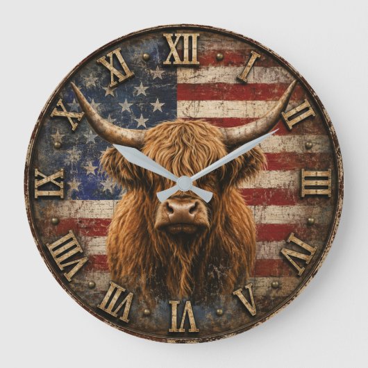 Patriotic Highland Cow American Flag Rustic ラージ壁時計 (正面)