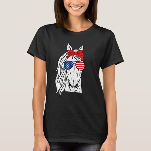 Patriotic Horse 4th Of July Funny Sunglasses Pet L Tシャツ (正面)