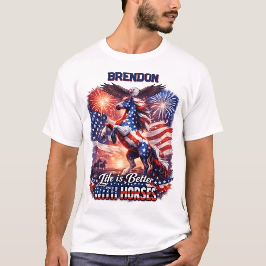 Patriotic Horse American Flag Sunset Equestrian Tシャツ (正面)
