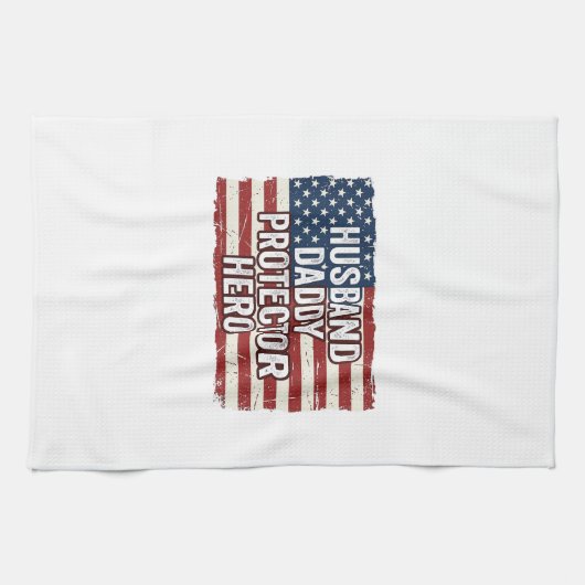 Patriotic Husband Daddy Protector Hero Flag Shirt  キッチンタオル (横)