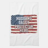 Patriotic Husband Daddy Protector Hero Flag Shirt  キッチンタオル (縦)