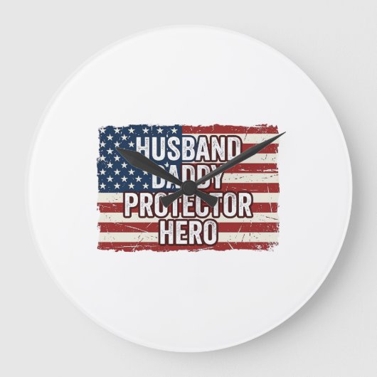 Patriotic Husband Daddy Protector Hero Flag Shirt  ラージ壁時計 (正面)