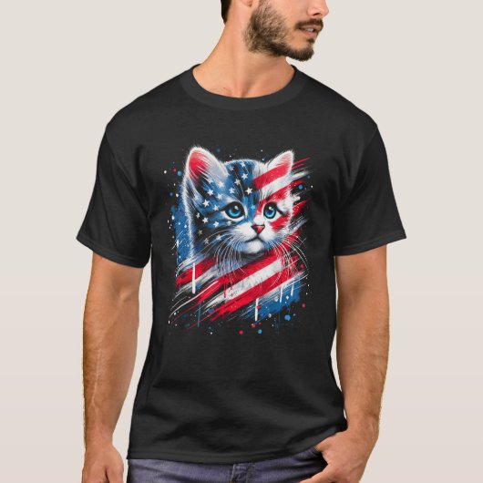Patriotic kitten or American flag inspired cat  Tシャツ (正面)