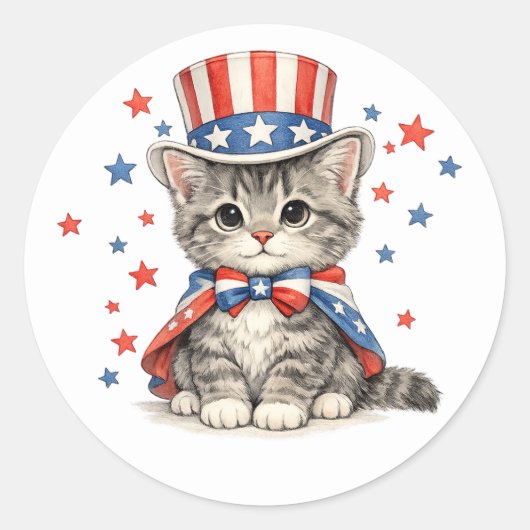 Patriotic Kitten Red White Blue ラウンドシール (正面)