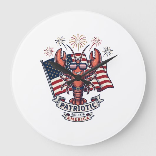 Patriotic Lobster Flag Vintage Engraving T-Shirt_1 ラージ壁時計 (正面)