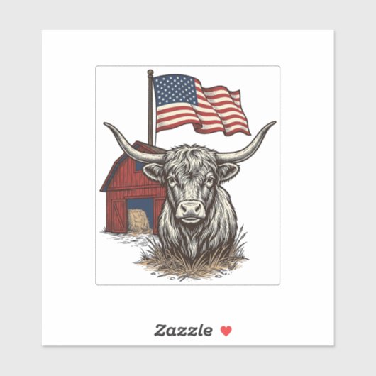 Patriotic Longhorn Cow and Red Barn Vector Design_ シール (シート)