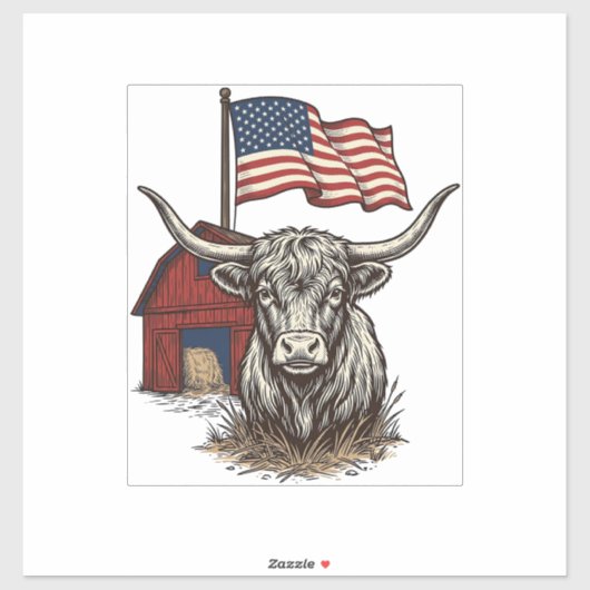 Patriotic Longhorn Cow and Red Barn Vector Design_ シール (シート)