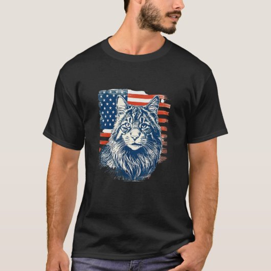 Patriotic Maine Coon Face Independence Day Feline  Tシャツ (正面)