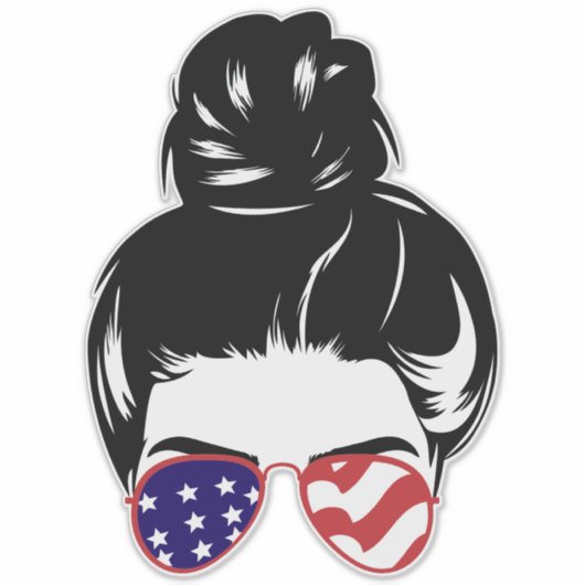Patriotic Messy Bun Sticker – USA Flag Sunglasses シール (正面)