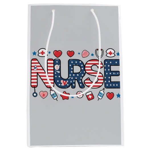 Patriotic Nurse Gift Bag – USA Flag Nursing Design ミディアムペーパーバッグ (正面)