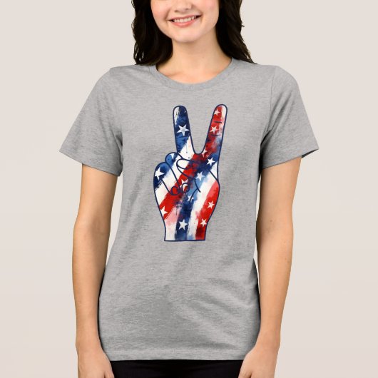 Patriotic Peace Sign Hand Wavy US Flag Pattern トライブレンドTシャツ (正面)