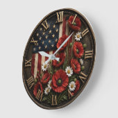 Patriotic Poppy Flowers American USA Flag Floral ラージ壁時計 (傾斜)