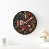 Patriotic Poppy Flowers American USA Flag Floral ラージ壁時計 (ホーム)