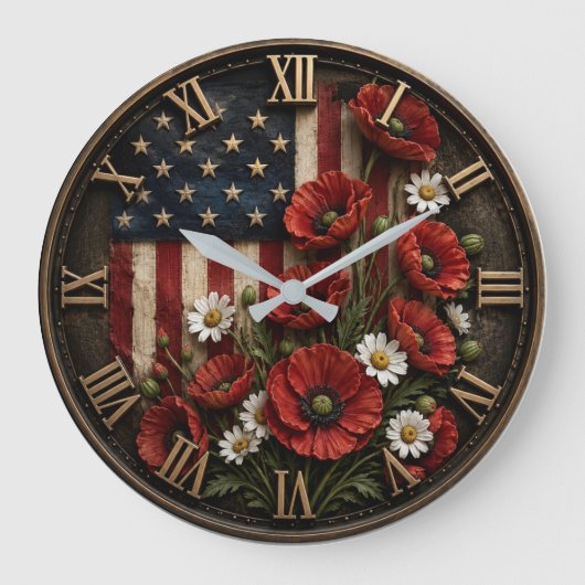 Patriotic Poppy Flowers American USA Flag Floral ラージ壁時計 (正面)