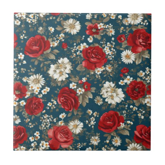 Patriotic Red Blue White Floral (11) タイル (正面)