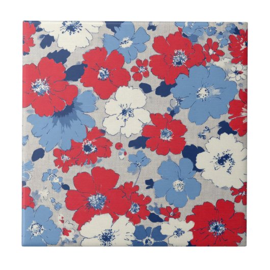 Patriotic Red Blue White Floral (12) タイル (正面)